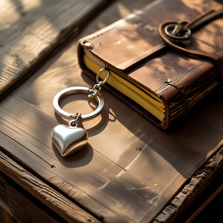 This image showcases a silver heart-shaped keychain placed on a vintage leather journal. The journal appears old and well-used, with a warm brown cover and yellowed pages. The scene is set on a textured wooden surface, illuminated by natural sunlight that creates a play of light and shadow. The focus is on the details of the objects and the rustic, aged aesthetic.の素材