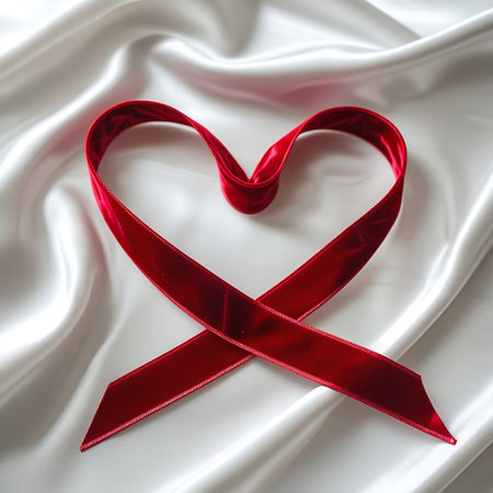A deep red velvet ribbon is artfully shaped into a heart on a background of lustrous white silk fabric. The ribbon's texture contrasts with the smooth, flowing folds of the silk, creating a visually rich and elegant composition. The heart shape is clearly defined, with the ribbon's ends overlapping. The lighting highlights the sheen of both materials.の素材