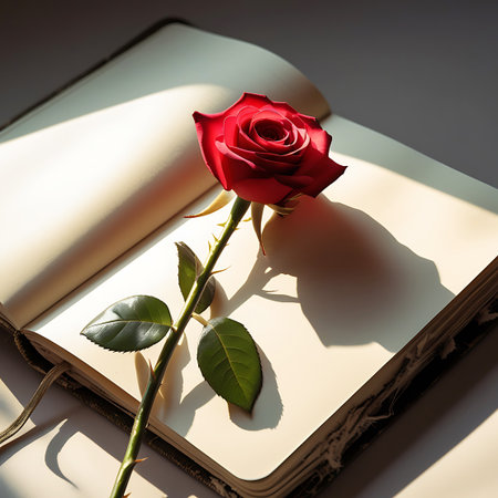 A striking red rose lies across an open, blank journal. The lighting is dramatic, with strong sunlight casting deep shadows, highlighting the texture of the rose petals and the aged paper of the journal. The composition is simple yet evocative, suggesting themes of love, memory, or personal reflection.の素材