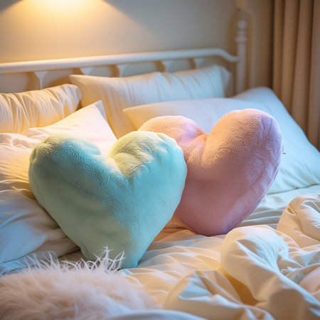 Two plush heart-shaped pillows, one in a soft mint green and the other in a delicate pink, are placed on a white bed. They are surrounded by soft white bedding and a fluffy white blanket, with some draped fabric adding to the cozy feel. Warm, ambient light casts a gentle glow over the scene, highlighting the soft textures and pastel colors. The overall impression is one of comfort, romance, and a peaceful bedroom setting.の素材