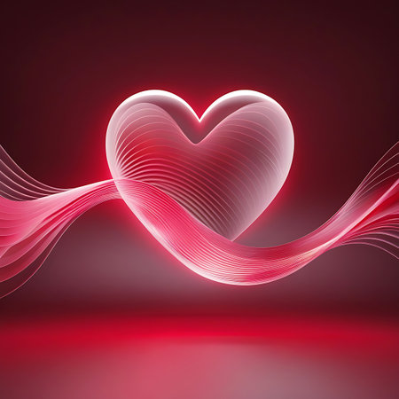 A translucent, glowing heart shape is presented with flowing ribbons of pink and red light swirling around it. The heart appears to rest on a reflective, dark red surface, with the light casting subtle shadows. The background is a deep red gradient, enhancing the luminous quality of the heart and ribbons.の素材