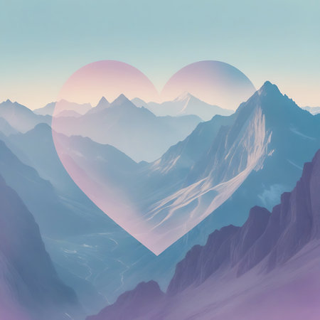 A large, soft, translucent heart shape is placed in the foreground, overlaying a vast mountain range. The mountains are rendered in muted blues, purples, and pinks, with layers of mist creating a sense of immense distance and depth. The sky is a soft pastel gradient, transitioning from pale blue to pink and purple, reminiscent of a sunset or sunrise.の素材