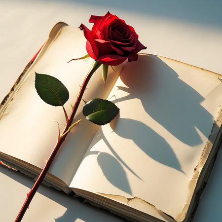 A single, vibrant red rose with dark green leaves and a thorny stem lies across an open, aged book. The book's pages are cream-colored and appear worn, suggesting a vintage or antique quality. Dramatic shadows are cast by the rose and book onto a light-colored surface, creating a sense of depth and mood.の素材