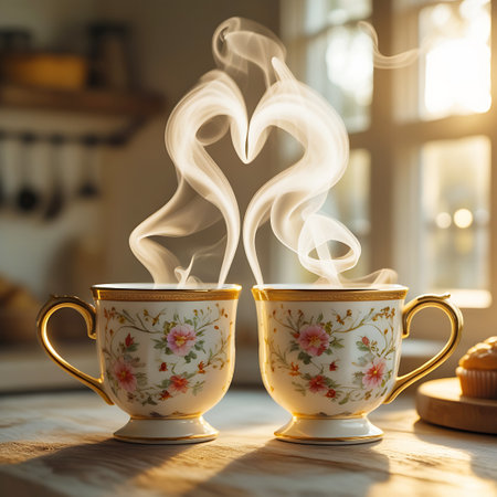 Two ornate teacups, adorned with delicate floral patterns and gilded rims, sit on a wooden surface. Wisps of steam rise from the hot beverages, artfully forming a heart shape in the warm, diffused sunlight streaming through a window. The background is softly blurred, suggesting a cozy kitchen or dining area, with a hint of a muffin on a wooden board to the right.の素材