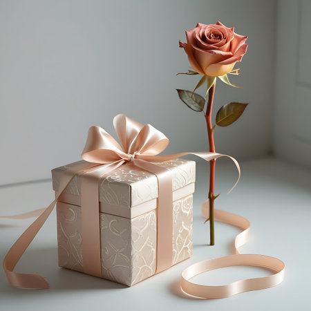 A single copper-toned rose with subtle pink hues is presented alongside a gift box. The box is wrapped in patterned paper and secured with a soft peach satin ribbon, tied into a classic bow. The ribbon trails loosely around the box and the rose stem. The composition is set against a muted, light background, emphasizing the warm tones of the rose and the soft sheen of the ribbon.の素材