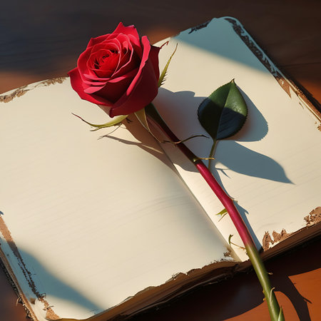 A single, vibrant red rose with a long stem and green leaves rests on an open, vintage-style journal. The pages of the journal are blank and slightly aged, with a textured cover. Sunlight streams in from the side, casting dramatic shadows of the rose and its leaves across the pages. The scene is set on a wooden surface, creating a warm and intimate atmosphere.の素材