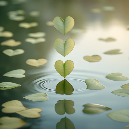 Three green, heart-shaped leaves are carefully stacked vertically in the center of the image, with the bottom leaf resting on the water's surface. Concentric ripples emanate from where the bottom leaf touches the water. Other heart-shaped leaves are scattered across the surrounding water, some floating flat and others slightly submerged. The background is softly blurred, creating a tranquil and natural scene.の素材