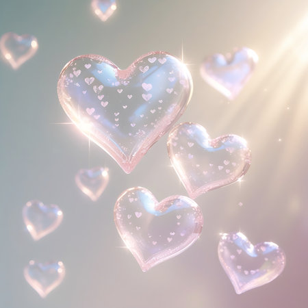 Several transparent, heart-shaped forms resembling bubbles or glass ornaments are floating in a soft, diffused light. They are filled with tiny pink glitter or particles that sparkle and shimmer. The background is a gentle gradient of soft blues and pinks, with rays of light and subtle bokeh effects adding to the ethereal and dreamy atmosphere.の素材