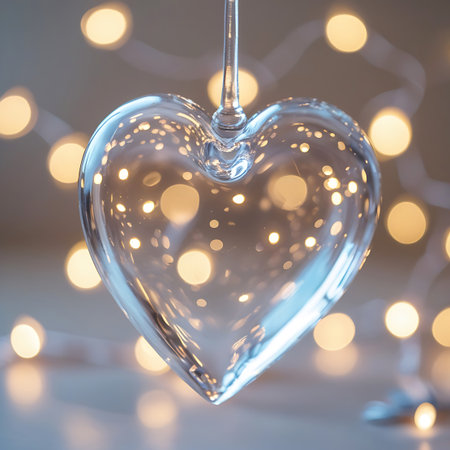 A close-up view of a transparent glass heart ornament is presented against a backdrop of soft, golden bokeh lights. The heart shape is clearly defined, and the glass reflects the surrounding illumination, creating a shimmering effect. The blurred lights in the background add a sense of depth and festivity, suggesting a holiday or special occasion.の素材