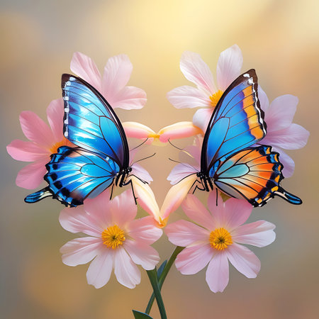 Two stunning Blue Morpho butterflies are positioned symmetrically on delicate pink cosmos flowers. Their vibrant blue and orange wings are spread wide, creating a heart shape. The flowers have yellow centers and soft pink petals, with a gentle bokeh background of warm light.の素材