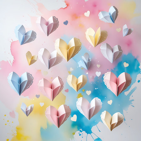A collection of pastel paper hearts, some with scalloped edges, are artfully arranged and suspended against a clean white background. Behind the hearts, dynamic watercolor splashes in pink, blue, and yellow create a vibrant and abstract backdrop. Small, solid heart shapes are also scattered throughout the composition, adding to the playful and celebratory theme.の素材