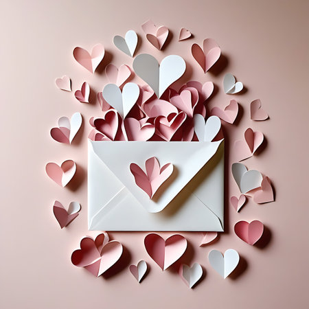 A white envelope is positioned centrally on a soft pink background. The envelope is open and overflowing with numerous paper hearts in shades of pink and white. Many more paper hearts are scattered around the envelope, some appearing to float or be spread out on the surface. The hearts are crafted from paper, with some appearing to be folded or cut out.の素材