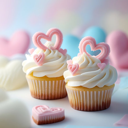 Two perfectly frosted vanilla cupcakes are adorned with pink, fluffy heart-shaped toppers and smaller pink heart candies. The frosting is swirled elegantly. In the foreground, a single pink heart-shaped candy lies on a white surface. The background is softly blurred with pastel pink and blue hues.の素材