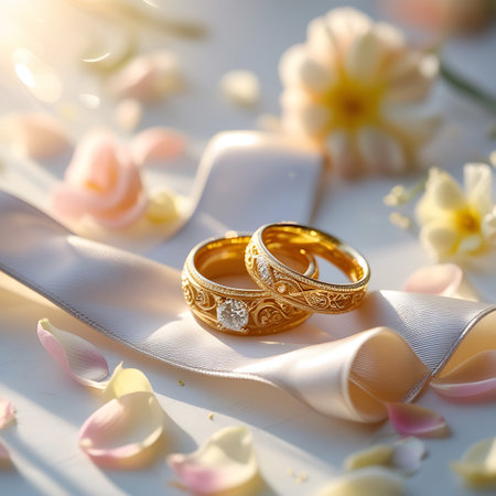 Two ornate gold wedding rings, each set with small diamonds, rest on a flowing white satin ribbon. The rings feature intricate patterned detailing. The background is softly blurred, with hints of pastel-colored flowers and rose petals, creating a romantic and celebratory atmosphere. Soft light illuminates the jewelry, making it sparkle.の素材