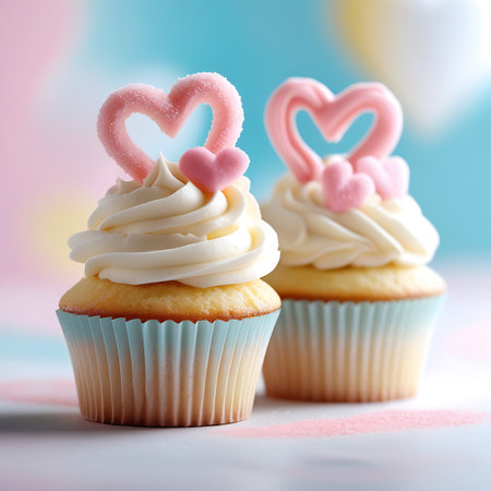 Two vanilla cupcakes with a light yellow cake base are topped with creamy white frosting swirled into elegant peaks. Each cupcake features a prominent pink sugar heart as a topper, with smaller pink hearts nestled on the frosting. The cupcakes are in fluted liners, one light blue and the other a pale yellow. The background is a soft blend of pastel blues and pinks.の素材