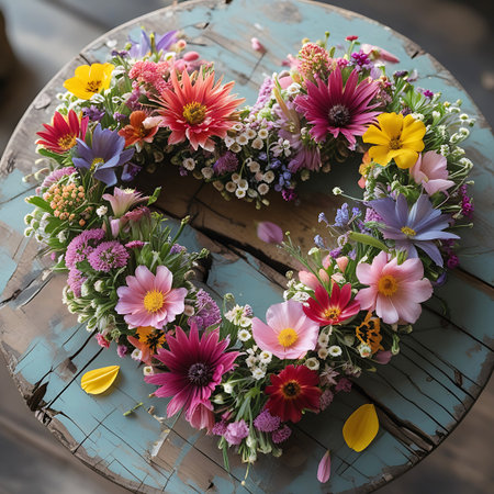 A lively heart-shaped floral arrangement is composed of a variety of colorful wildflowers and greenery. The blooms feature shades of pink, purple, yellow, red, orange, and blue, with delicate white accents. The arrangement is placed on a textured, rustic wooden surface, with a few fallen petals scattered around.の素材