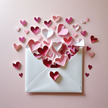 A white envelope is the focal point on a pale pink background. The envelope is open and appears to be bursting with a multitude of paper hearts in various shades of red and pink. Additional paper hearts are scattered around the envelope, some appearing to be floating. The hearts are made of paper and have a delicate, crafted appearance.の素材