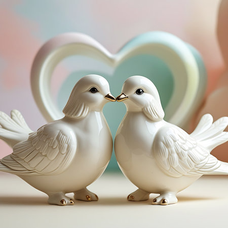 Two elegant white ceramic doves are positioned nose-to-nose, appearing to kiss. Their smooth, polished surfaces reflect the soft light. Behind them, a large, pastel-colored heart-shaped form serves as a backdrop, emphasizing the theme of love and romance. The image is detailed and focuses on the delicate features of the dove sculptures.の素材