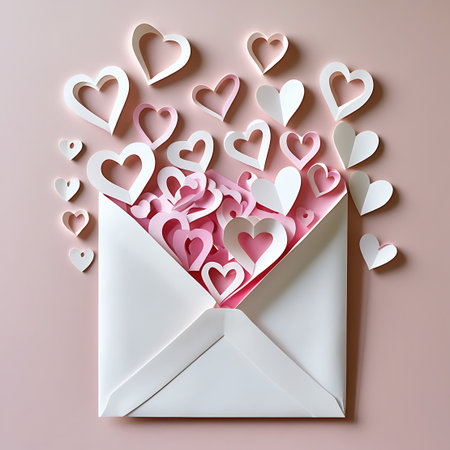 A white envelope is shown against a soft pink background. The interior of the envelope is lined with pink paper, and it is filled with white paper hearts. More white paper hearts are scattered around the outside of the envelope, some appearing to float. The hearts are made of paper and have a delicate, crafted look.の素材
