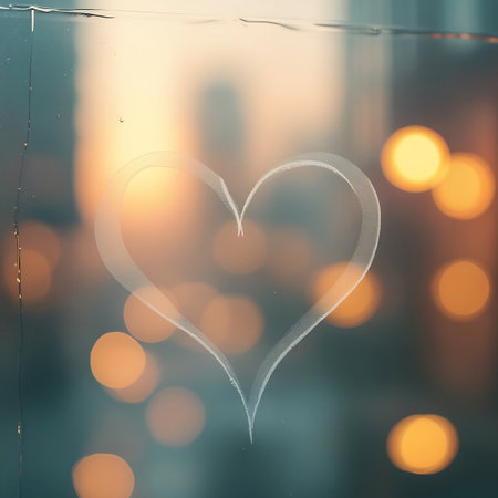 A white heart is drawn on a window with visible water droplets. The background is a blurred cityscape at night, illuminated by warm bokeh lights, suggesting a rainy evening. The water on the glass adds a realistic and atmospheric touch.の素材