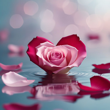 A single pink rose with its petals arranged in a heart shape floats on a rippling water surface. Red and pink rose petals are scattered around the rose and on the water. The background features soft, out-of-focus bokeh lights in shades of pink and blue, creating a dreamy and romantic atmosphere. The reflection of the rose and petals is visible on the water.の素材