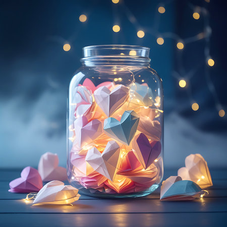 A transparent glass jar is densely packed with folded origami hearts in various pastel colors including pink, purple, white, and blue. A string of warm, glowing fairy lights is woven throughout the hearts, creating a soft, internal illumination. Additional origami hearts lie scattered on the dark, reflective surface in front of the jar, with a blurred background featuring bokeh lights.の素材