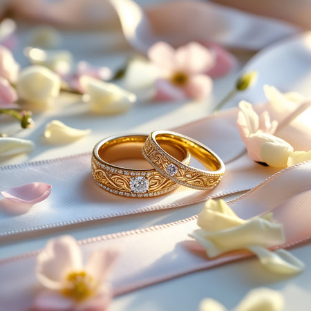 A pair of intricately designed gold wedding rings, embellished with diamonds, are elegantly placed on a soft satin ribbon. The rings feature detailed filigree patterns and sparkling gemstones. The scene is softened by the presence of delicate pastel flowers and scattered petals, bathed in gentle, warm light. This composition evokes a sense of romance and celebration, perfect for wedding-related themes.の素材