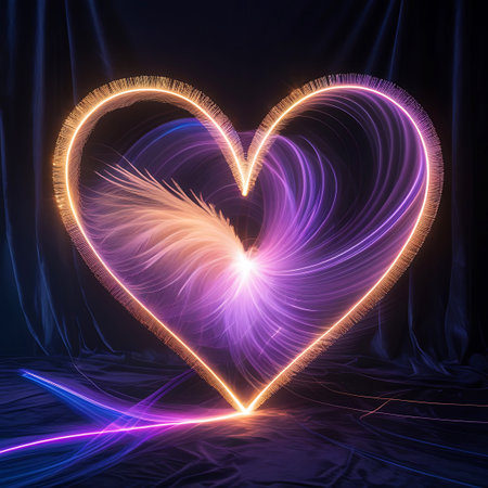 A large, vibrant heart shape is outlined in glowing orange neon light. Inside the heart, dynamic swirls of purple and blue light intermingle with soft, feathery textures. The composition is set against a dark, draped fabric background, creating a visually striking and energetic effect. Streaks of blue and purple light extend from the base.の素材