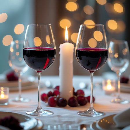 Two wine glasses brimming with red wine stand on a white tablecloth, with a lit candle between them. A cluster of dark grapes rests at the base of the candle. The background is softly blurred with golden bokeh lights, enhancing the romantic ambiance. Additional plates, cutlery, and a hint of other wine glasses suggest a shared dining experience.の素材