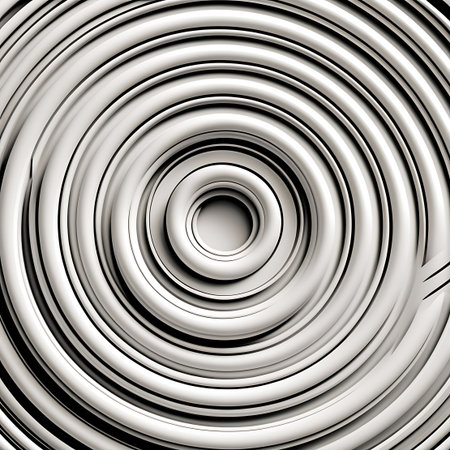 This abstract image features a series of concentric circles rendered in shades of white and grey. The rings have a dimensional quality, with subtle shadows and highlights creating a sense of depth. The pattern is symmetrical and clean, suggesting a modern and minimalist aesthetic. The smooth texture and repeating circular forms create a visually engaging and abstract design.の素材
