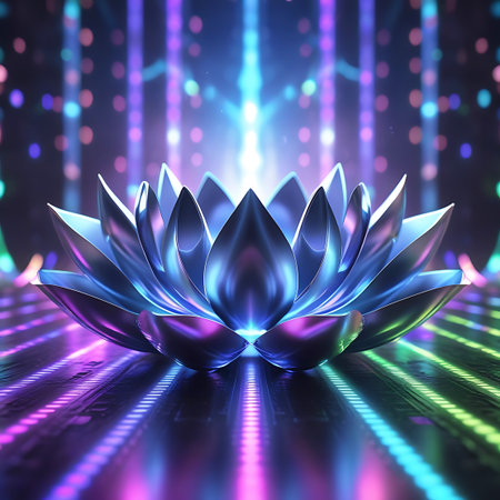 A metallic lotus flower, rendered in shades of blue and purple, is the focal point of this image. It emits a soft glow, set against a dark background filled with vertical and horizontal streaks of vibrant neon lights in blue, purple, pink, and green, creating a sense of depth and digital energy.の素材
