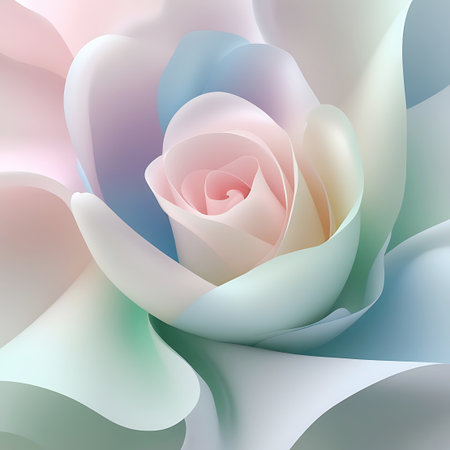 A close-up view of an abstract rose with soft, flowing petals in pastel shades of pink, blue, green, and cream. The delicate, layered forms create a sense of gentle movement and ethereal beauty. The overall impression is one of serene elegance and organic abstraction.の素材