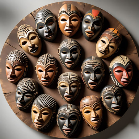 A circular arrangement of approximately fifteen diverse African tribal masks is displayed on a wooden surface. Each mask features unique facial features, carvings, and paintwork, showcasing a variety of styles and expressions. The masks are positioned closely together, forming a visually striking pattern. The wooden background has a visible grain texture.の素材