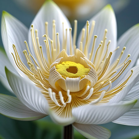 A detailed close-up of a white lotus flower reveals its intricate structure. The delicate white petals unfurl outwards, surrounding a vibrant yellow center filled with numerous stamen. The soft lighting highlights the textures and curves of the bloom, creating a sense of tranquility and natural beauty.の素材
