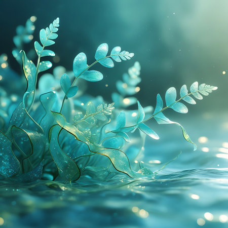 A close-up view of translucent, blue-green seaweed emerging from the rippling surface of the water. Golden light specks and bokeh are scattered throughout the scene, creating a magical and luminous effect. The focus is on the delicate, wavy fronds of the aquatic plant.の素材