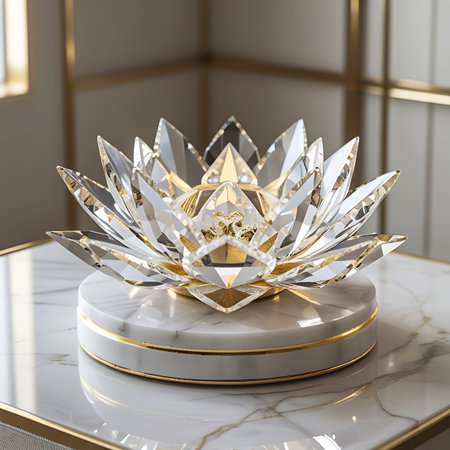 A highly detailed crystal lotus flower ornament sits on a white marble base with gold trim. The crystal petals are intricately faceted, catching and reflecting light to create a sparkling, translucent effect. The gold accents on the base and within the center of the lotus add a touch of luxury and elegance. The marble surface provides a sophisticated backdrop for this decorative piece.の素材