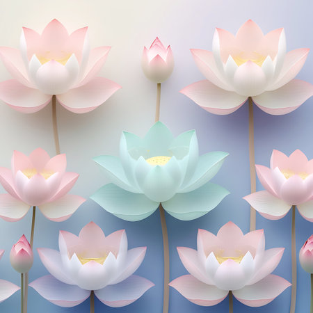 A variety of lotus flowers and buds in soft pastel shades of pink, blue, and white are presented against a gentle, light background. Some flowers are fully bloomed, showcasing their intricate petals, while others are in bud form. The arrangement is delicate and serene, highlighting the natural beauty and elegance of these aquatic plants.の素材