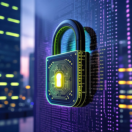 A close-up view of a digital padlock, illuminated with neon green and blue accents, is presented against a backdrop of a blurred city skyline. The padlock's surface is designed to resemble a complex circuit board with glowing lines and components. Behind the padlock, a wall-like structure displays a grid of purple lights and lines of binary code, emphasizing a digital and technological theme. The overall impression is one of advanced cyber security and data protection.の素材