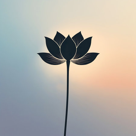 A minimalist black silhouette of a lotus flower with closed petals stands tall on a slender stem. The background is a soft, blurred gradient of pale blue and peach, creating a tranquil and calming visual. The simplicity of the design emphasizes the iconic form of the lotus flower.の素材