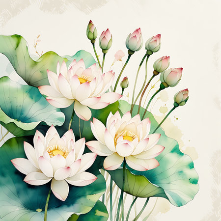 A watercolor painting depicts a cluster of white lotus flowers in various stages of bloom, interspersed with large, lush green lily pads. Some lotus flowers are fully open, revealing their yellow centers, while others are still tightly closed buds. The artwork features soft brushstrokes and a light, airy color palette, creating a serene and elegant floral composition.の素材