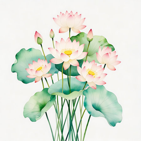 A beautiful watercolor illustration of a bouquet of lotus flowers and their large, round leaves. The flowers are depicted in soft shades of pink and white with yellow centers, while the leaves are a vibrant yet gentle green. The artwork is presented on a clean white background, highlighting the delicate and graceful composition.の素材