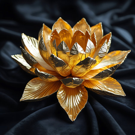 The image displays a detailed golden lotus flower candle holder positioned on a dark, draped fabric. The metallic gold surface exhibits a high sheen, accentuating the complex design of the petals and the central cavity for a candle. The dark, soft fabric creates a striking contrast, highlighting the object's ornate and luxurious appearance.の素材