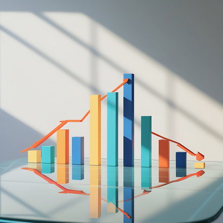 A 3D bar chart displays a downward trend, with bars decreasing in height from left to right. A red arrow follows the trend, pointing downwards. The chart is placed on a reflective glass table, casting a clear reflection. Sunlight casts diagonal shadows on a plain white wall in the background. The overall composition suggests a financial or business decline.の素材