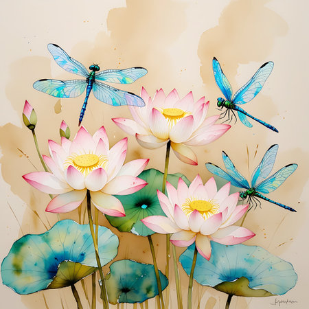 An artistic illustration showcases several blue dragonflies with intricate wing patterns flying around blooming pink and white lotus flowers. The lotus flowers have bright yellow centers and are supported by large, dark green lily pads with blue veins. The background is a light, neutral tone with subtle watercolor textures, highlighting the vibrant colors of the insects and flowers.の素材