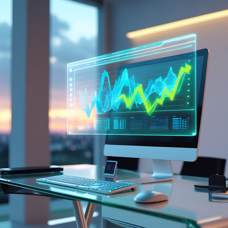 A modern desktop computer shows stock market data and graphs on a transparent, glowing screen. The display features fluctuating lines in blue, yellow, and green, indicating market activity. A keyboard, mouse, and other office accessories are on the desk, with a blurred city view at sunset in the background.の素材