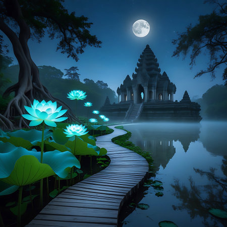 A grand, ancient temple is set against a dark night sky with a prominent full moon. A winding wooden boardwalk guides the viewer through a tranquil pond adorned with vibrant, glowing blue and green lotus flowers. The reflection of the moon and temple shimmers on the water's surface, while gnarled tree roots and dark foliage add to the mystical atmosphere.の素材