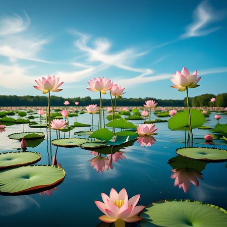 An expansive view of a lotus pond filled with numerous pink lotus flowers and their lush green leaves floating on the surface of the water. The bright blue sky with dramatic white clouds is reflected in the calm water. The scene conveys a sense of abundance and natural beauty, with a distant treeline framing the horizon.の素材