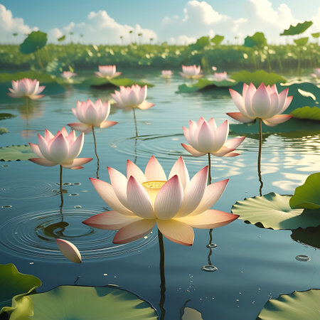 A tranquil pond filled with numerous pink and white lotus flowers in various stages of bloom. The flowers are reflected in the clear, calm water, with gentle ripples and water drops adding texture. Green lily pads dot the surface, and a soft blue sky with white clouds forms the backdrop.の素材