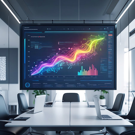 A large, high-definition screen displays a complex and colorful digital data analysis with glowing lines, charts, and graphs. The screen is suspended in a modern conference room with a long table and chairs. Laptops are placed on the table, suggesting a business or technology meeting. The overall aesthetic is futuristic and sophisticated, emphasizing data visualization and technological advancement.の素材