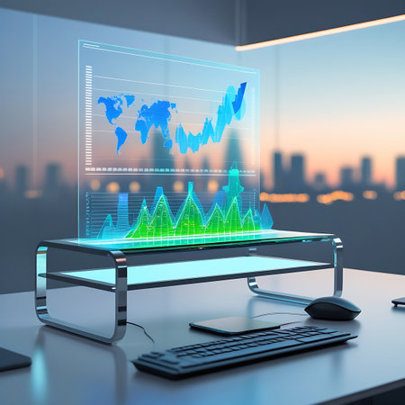 A sleek, futuristic holographic display stands on a modern desk, projecting complex financial data and a world map. The display shows animated charts and graphs in vibrant blue and green, illustrating market trends and global economic activity. Below the holographic projection, the display unit has a luminous, transparent surface. A keyboard, mouse, and a smartphone are neatly arranged on the desk in front of the display. In the background, a blurred city skyline is visible at dusk,...の素材